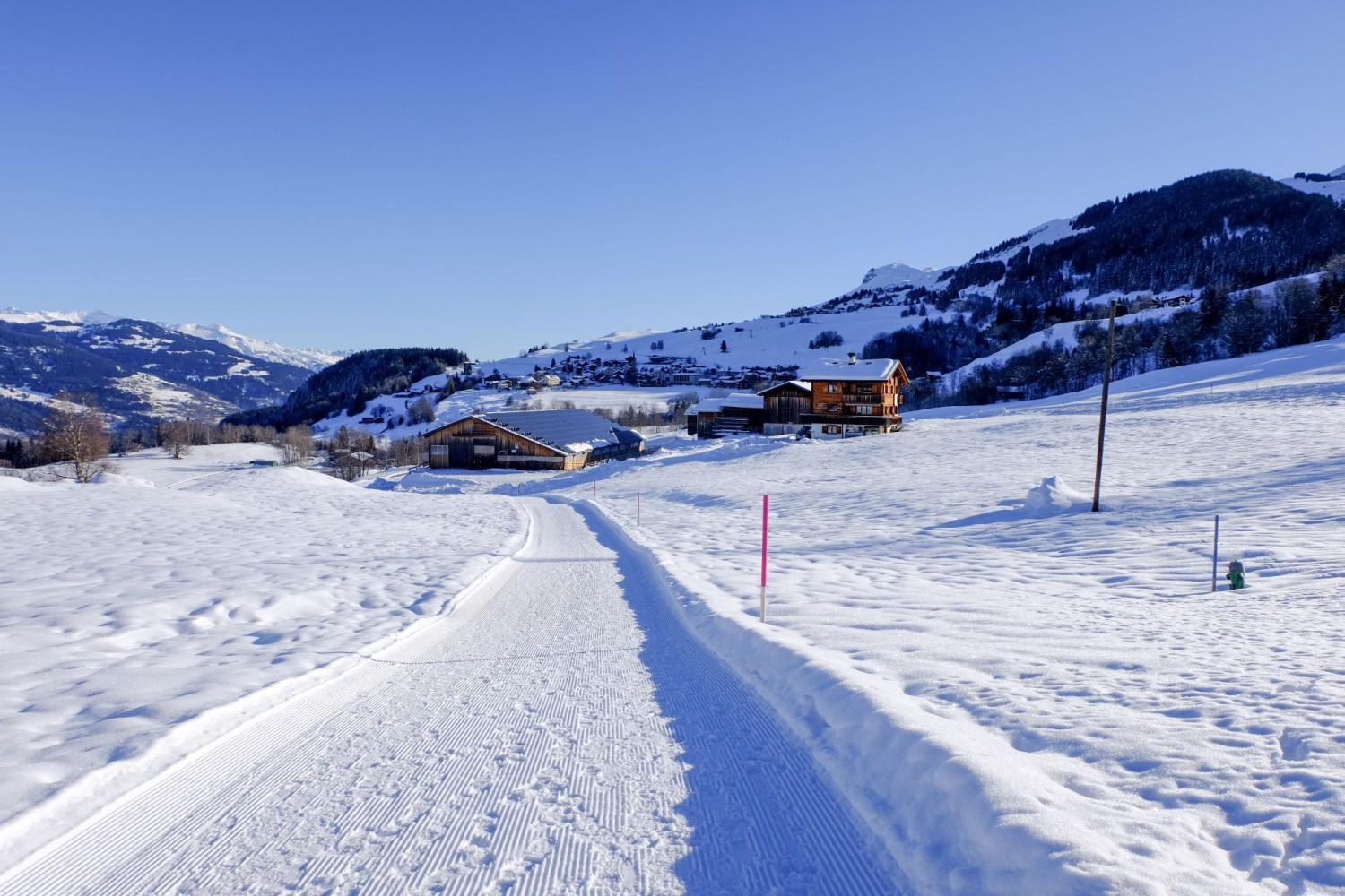 Der Winterwanderweg ist gut präpariert und pink signalisiert.