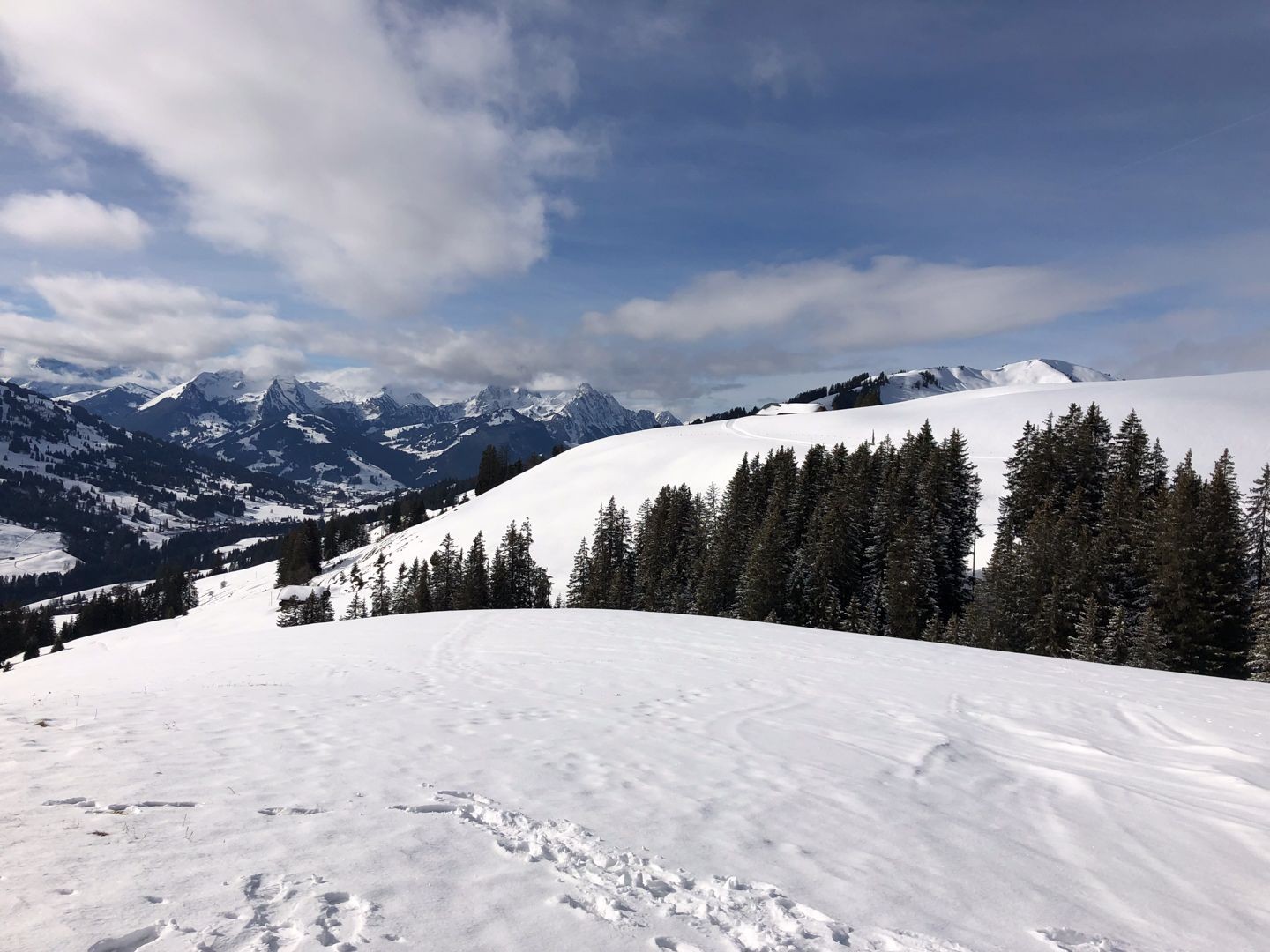 Le Sparenmoos offre un spectacle de tourbières enneigées et une vue vers Zweisimmen.