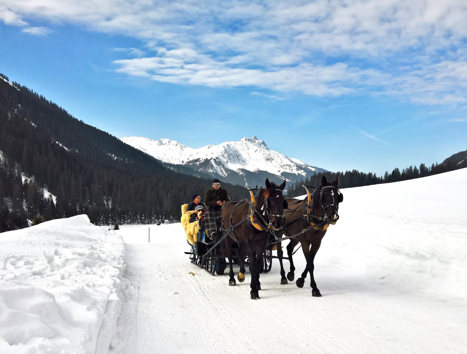 Sur le chemin de randonnée hivernale, seules les calèches peuvent circuler. Photo: Andreas Staeger