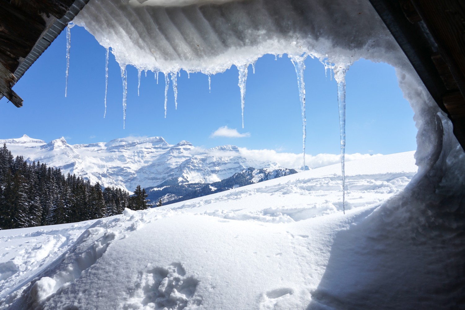 L’auvent protège du soleil. Mais attention, la neige va bientôt tomber du toit. Photo: Reto Wissmann