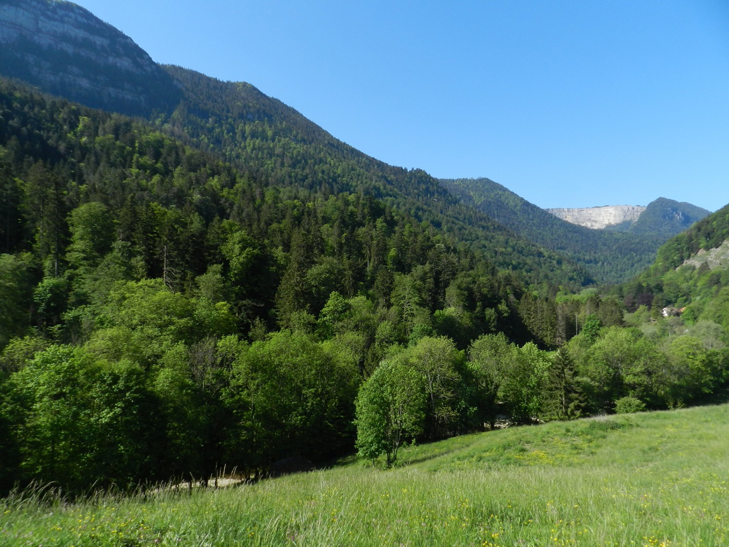 Panorama am Bahnhof von Champ-du-Moulin mit Blick auf den Felsenkessel Creux du Van.