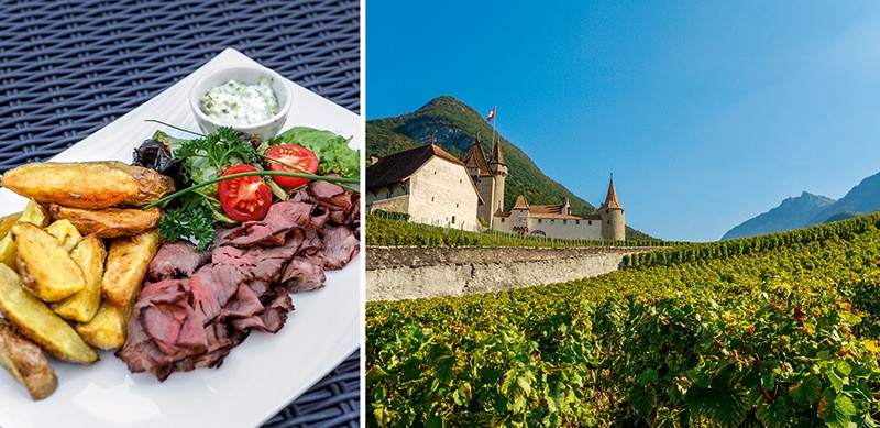 Le roastbeef est la spécialité maison du Caveau du Cloître; à droite, le château d'Aigle, qui abrite un intéressant musée de la vigne et du vin.