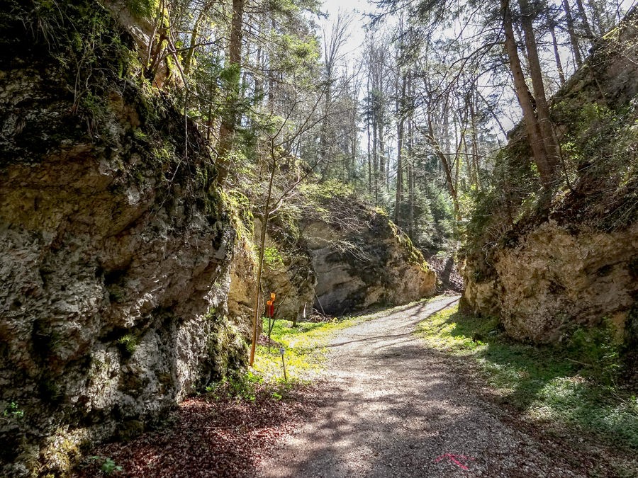 Avant d’arriver à la Vacherie Mouillard, le chemin serpente entre les falaises.