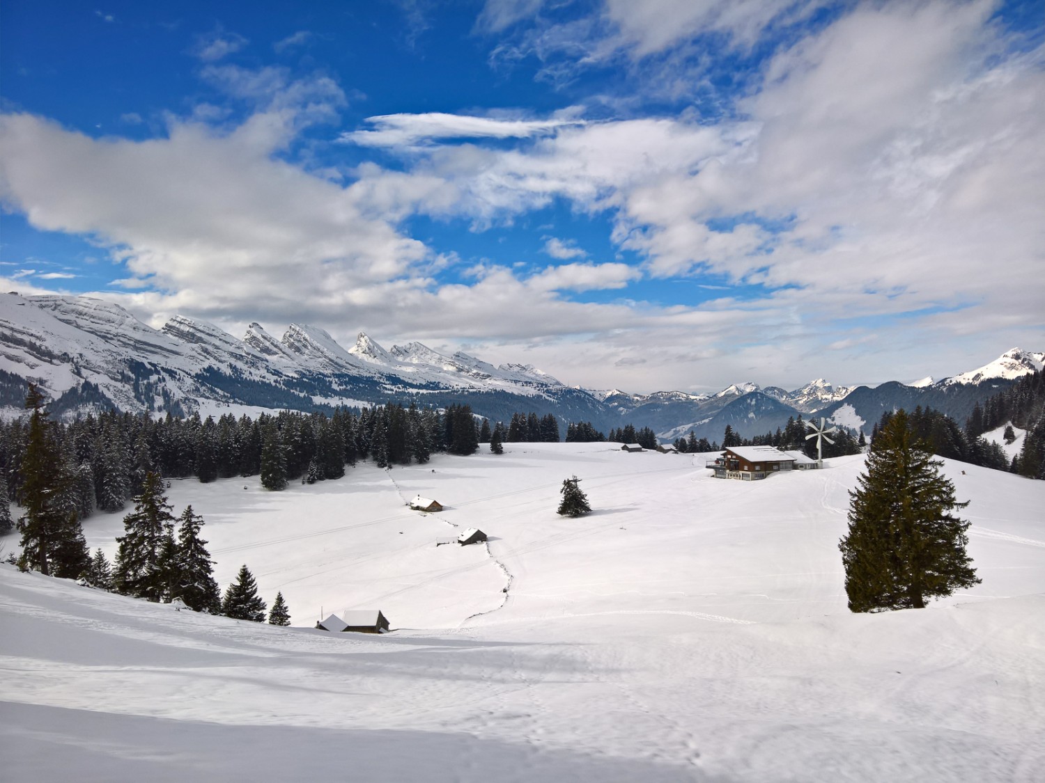 Jenseits der Hochebene von Gamplüt erstreckt sich die Churfirsten-Kette. Bilder: Andreas Staeger