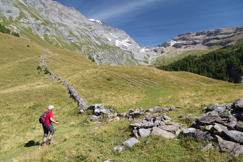 Zwischen der Clabinualp und der Flüekapelle führt der Weg über Alpweiden. Der alpine Passübergang im Hintergrund, die Gitzifurggu, führt ins Lötschental und ins Gasteretal. Bild: Markus Ruff