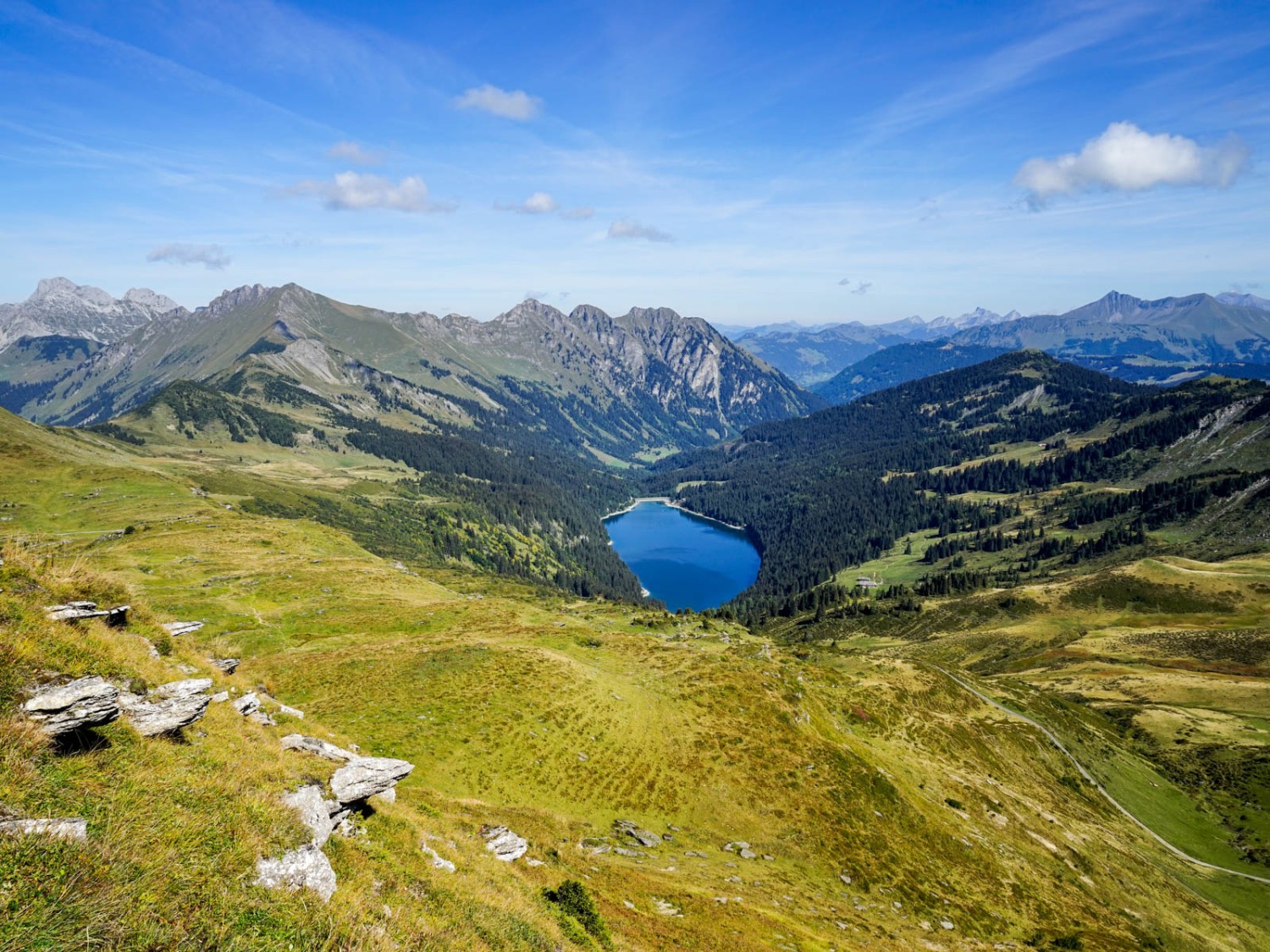 Wie ein dunkles Auge liegt der Arnensee eingebettet in ein weites Tal. Bild: Fredy Joss